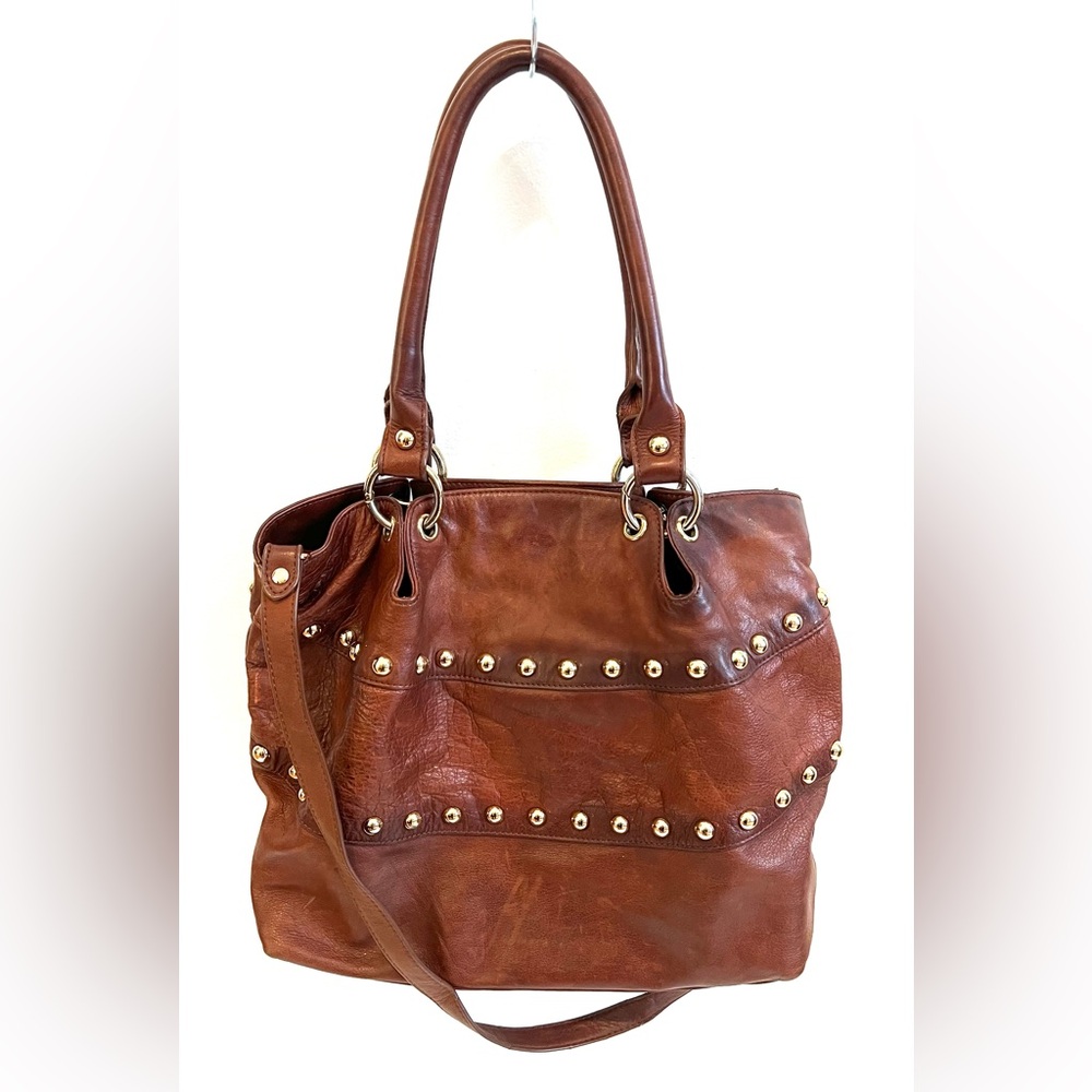 Luciana Verde Brown Leather Studded Tote Bag
